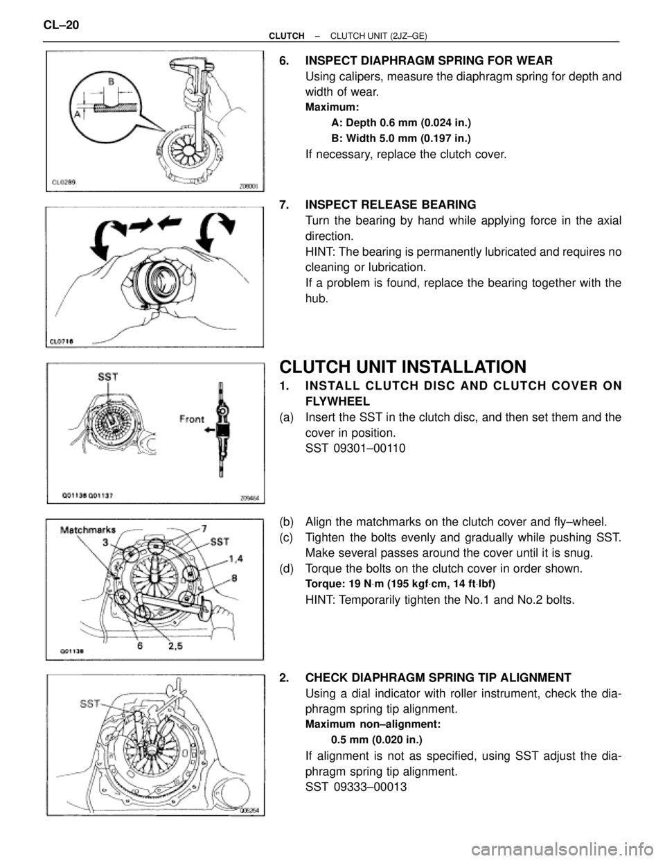 TOYOTA SUPRA 1995  Service Repair Manual 6.  INSPECT DIAPHRAGM SPRING FOR WEAR
Using calipers, measure the diaphragm spring for depth and
width of wear.
Maximum:
A: Depth 0.6 mm (0.024 in.)
B: Width 5.0 mm (0.197 in.)
If necessary, replace t