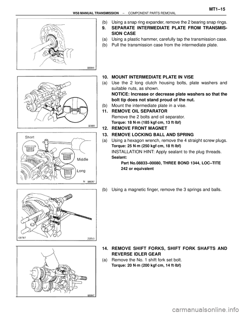 TOYOTA SUPRA 1995  Service Repair Manual (b) Using a snap ring expander, remove the 2 bearing snap rings.
9.  SEPARATE INTERMEDIATE PLATE FROM TRANSMIS-
SION CASE
(a)  Using a plastic hammer, carefully tap the transmission case.
(b)  Pull th