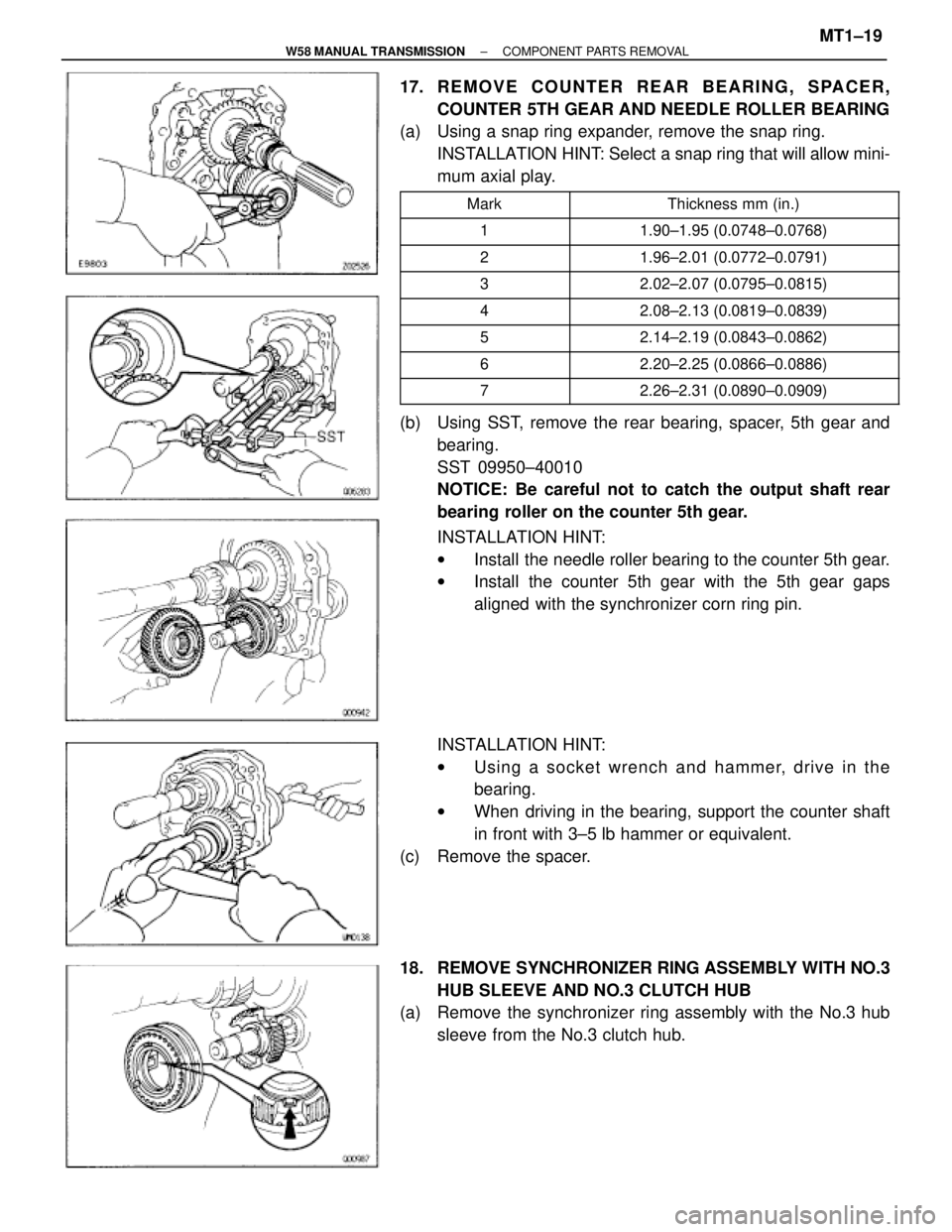 TOYOTA SUPRA 1995  Service Repair Manual 17. REMOVE COUNTER REAR BEARING, SPACER,
COUNTER 5TH GEAR AND NEEDLE ROLLER BEARING
(a)  Using a snap ring expander, remove the snap ring.
INSTALLATION HINT: Select a snap ring that will allow mini-
m
