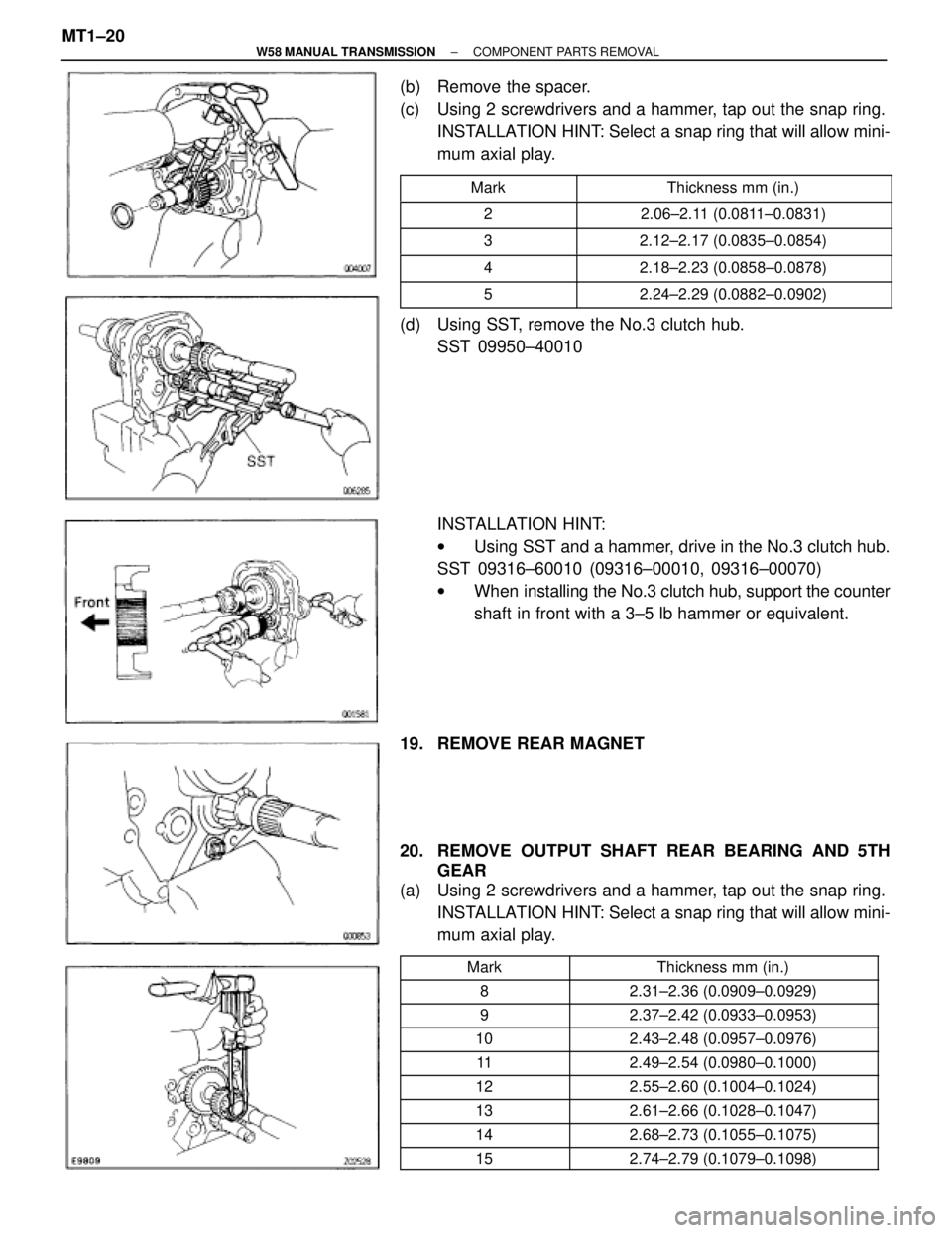 TOYOTA SUPRA 1995  Service Repair Manual (b)  Remove the spacer.
(c)  Using 2 screwdrivers and a hammer, tap out the snap ring.
INSTALLATION HINT: Select a snap ring that will allow mini-
mum axial play.
 Mark