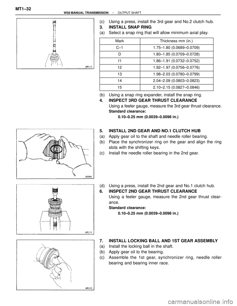 TOYOTA SUPRA 1995  Service Repair Manual (c)  Using a press, install the 3rd gear and No.2 clutch hub.
3.  INSTALL SNAP RING
(a)  Select a snap ring that will allow minimum axial play.
 Mark Thicknes