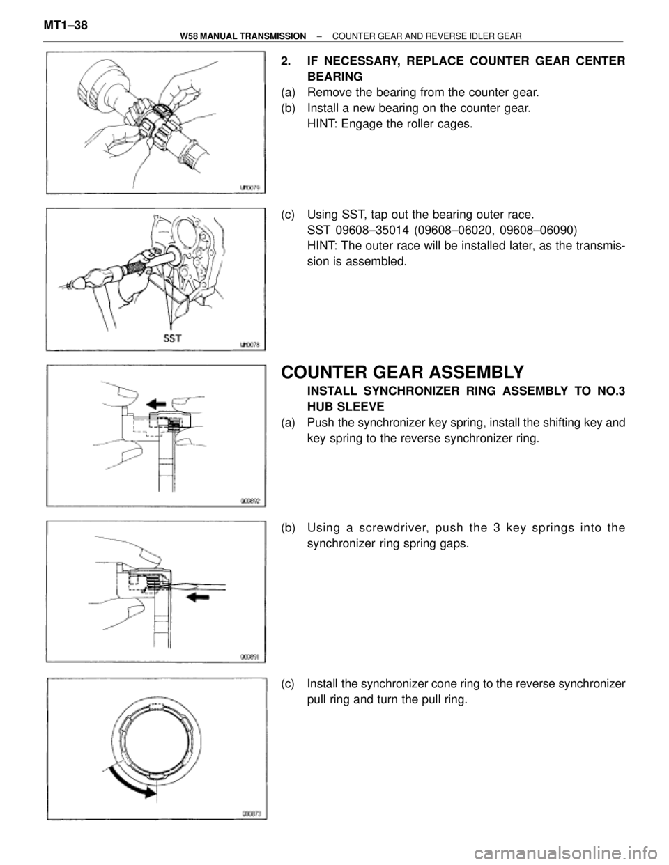 TOYOTA SUPRA 1995  Service Repair Manual 2.  IF NECESSARY, REPLACE COUNTER GEAR CENTER
BEARING
(a)  Remove the bearing from the counter gear.
(b)  Install a new bearing on the counter gear.
HINT: Engage the roller cages.
(c)  Using SST, tap 