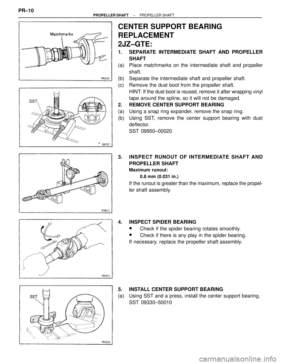TOYOTA SUPRA 1995 Service Repair Manual CENTER SUPPORT BEARING
REPLACEMENT
2JZ±GTE:
1. SEPARATE INTERMEDIATE SHAFT AND PROPELLER
SHAFT
(a) Place matchmarks on the intermediate shaft and propeller
shaft.
(b) Separate the intermediate sha TOYOTA SUPRA 1995 Service Repair Manual CENTER SUPPORT BEARING
REPLACEMENT
2JZ±GTE:
1. SEPARATE INTERMEDIATE SHAFT AND PROPELLER
SHAFT
(a) Place matchmarks on the intermediate shaft and propeller
shaft.
(b) Separate the intermediate sha