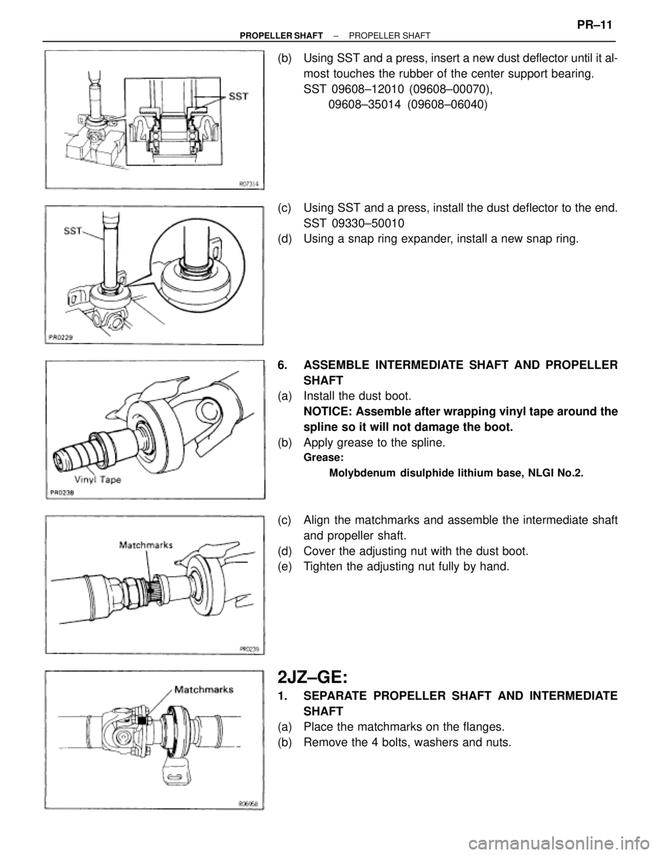 TOYOTA SUPRA 1995 Service Repair Manual (b) Using SST and a press, insert a new dust deflector until it al-
most touches the rubber of the center support bearing.
SST 09608±12010 (09608±00070),
09608±35014 (09608±06040)
(c) Using SST a TOYOTA SUPRA 1995 Service Repair Manual (b) Using SST and a press, insert a new dust deflector until it al-
most touches the rubber of the center support bearing.
SST 09608±12010 (09608±00070),
09608±35014 (09608±06040)
(c) Using SST a
