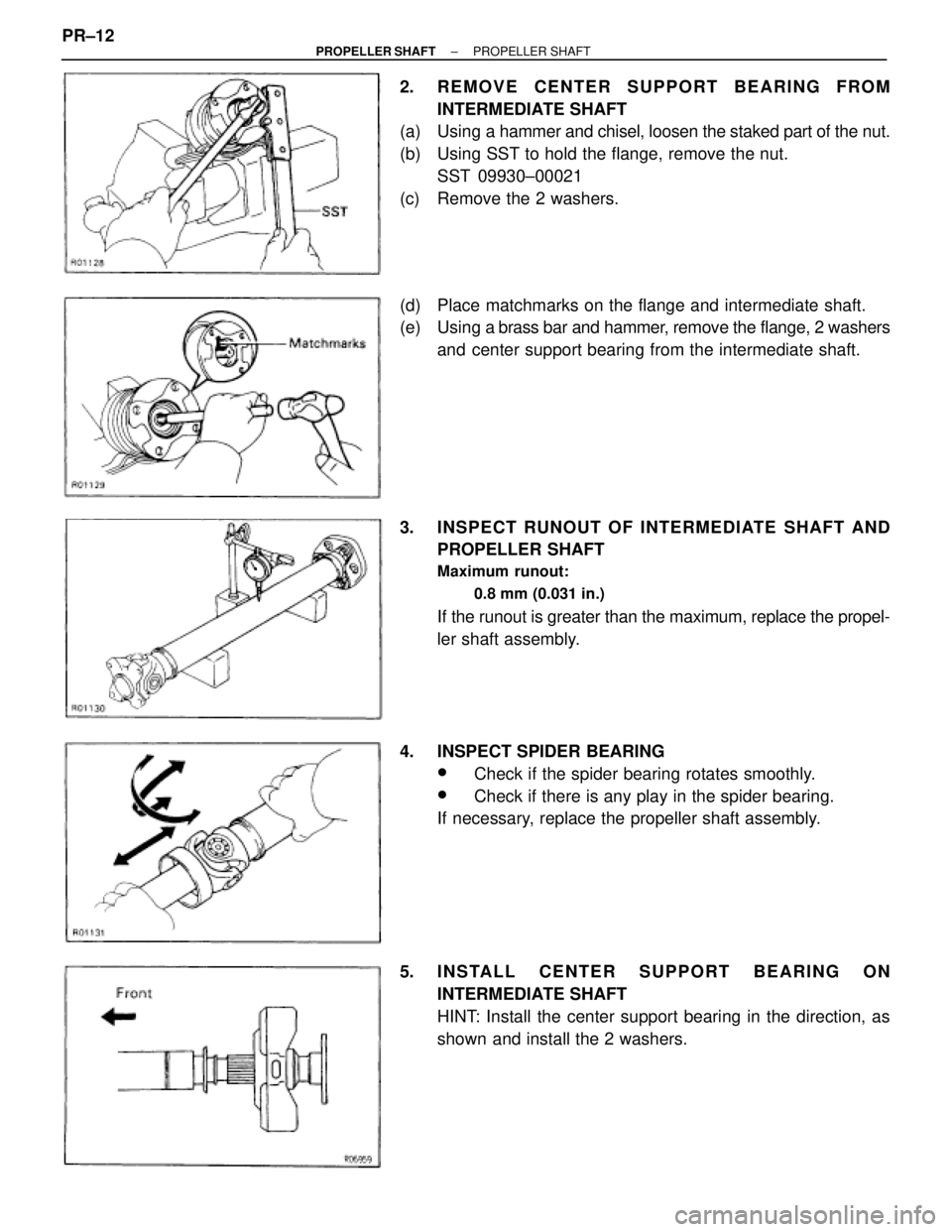 TOYOTA SUPRA 1995 Service Repair Manual 2. REMOVE CENTER SUPPORT BEARING FROM
INTERMEDIATE SHAFT
(a) Using a hammer and chisel, loosen the staked part of the nut.
(b) Using SST to hold the flange, remove the nut.
SST 09930±00021
(c) Remo TOYOTA SUPRA 1995 Service Repair Manual 2. REMOVE CENTER SUPPORT BEARING FROM
INTERMEDIATE SHAFT
(a) Using a hammer and chisel, loosen the staked part of the nut.
(b) Using SST to hold the flange, remove the nut.
SST 09930±00021
(c) Remo