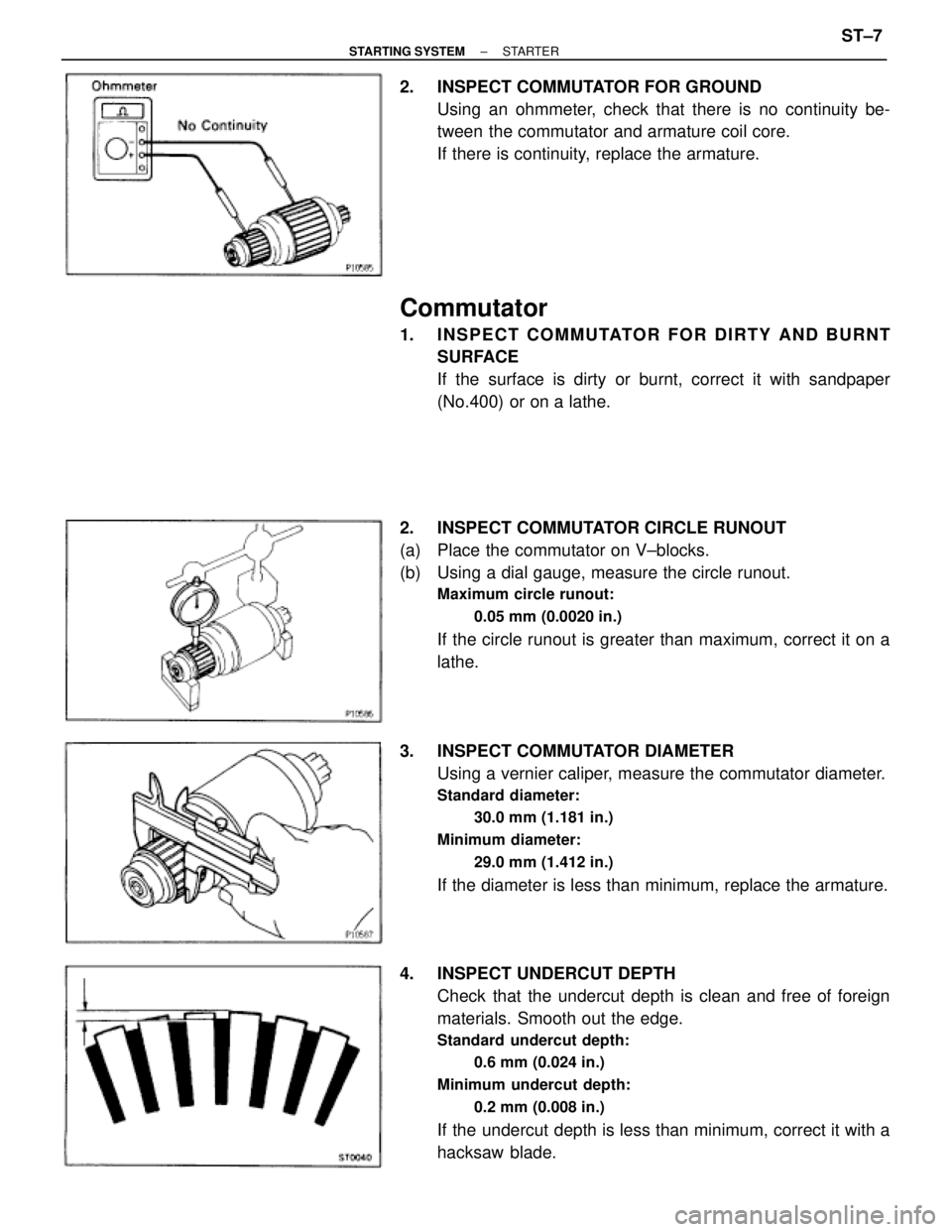 TOYOTA SUPRA 1995 Service Repair Manual 2. INSPECT COMMUTATOR FOR GROUND
Using an ohmmeter, check that there is no continuity be-
tween the commutator and armature coil core.
If there is continuity, replace the armature.
Commutator
1. INSP TOYOTA SUPRA 1995 Service Repair Manual 2. INSPECT COMMUTATOR FOR GROUND
Using an ohmmeter, check that there is no continuity be-
tween the commutator and armature coil core.
If there is continuity, replace the armature.
Commutator
1. INSP