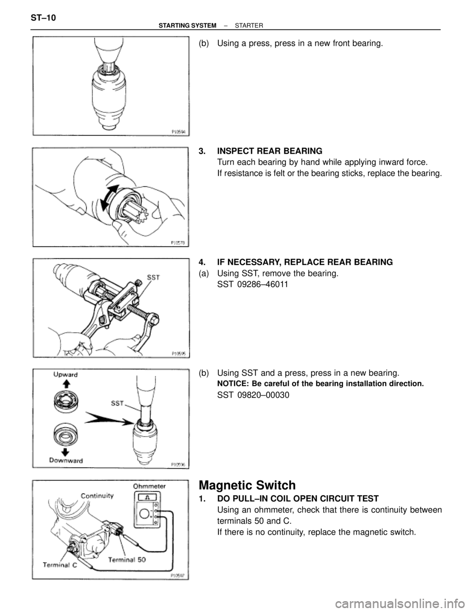 TOYOTA SUPRA 1995 Service Repair Manual (b) Using a press, press in a new front bearing.
3. INSPECT REAR BEARING
Turn each bearing by hand while applying inward force.
If resistance is felt or the bearing sticks, replace the bearing.
4. TOYOTA SUPRA 1995 Service Repair Manual (b) Using a press, press in a new front bearing.
3. INSPECT REAR BEARING
Turn each bearing by hand while applying inward force.
If resistance is felt or the bearing sticks, replace the bearing.
4.