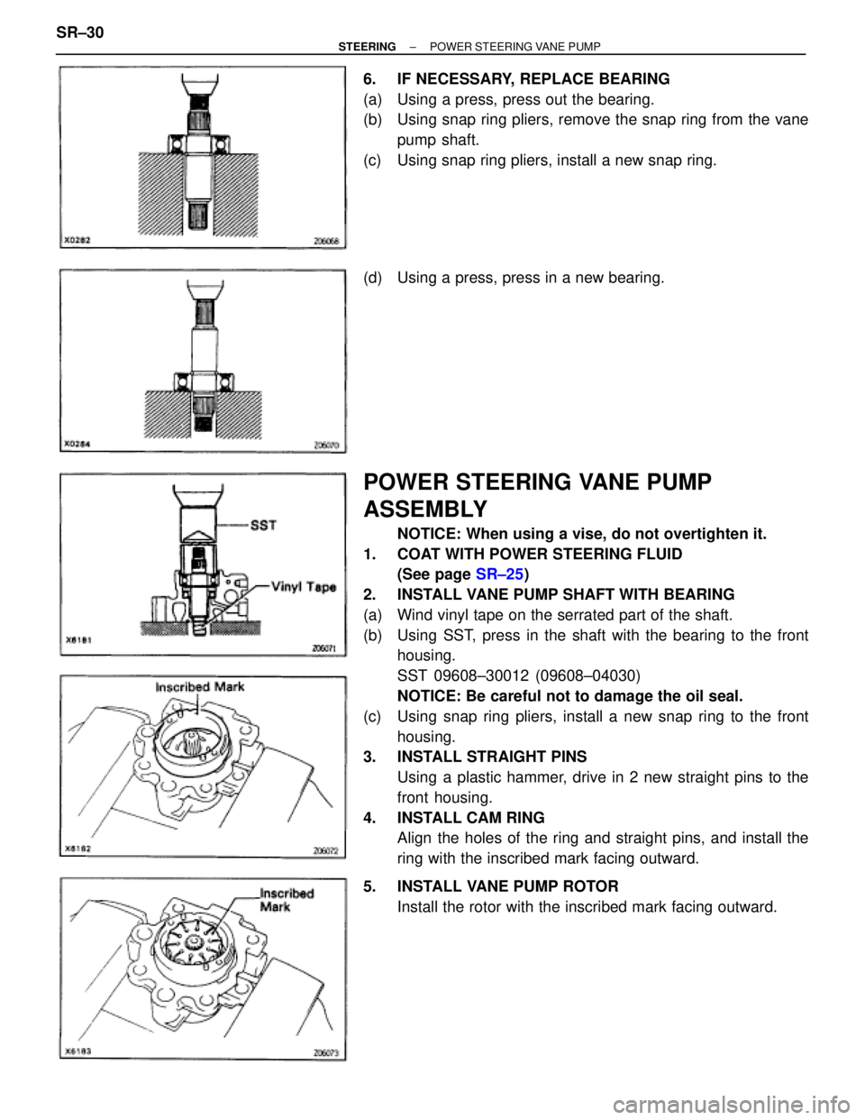 TOYOTA SUPRA 1995  Service Repair Manual 6.  IF NECESSARY, REPLACE BEARING
(a)  Using a press, press out the bearing.
(b)  Using snap ring pliers, remove the snap ring from the vane
pump shaft.
(c)  Using snap ring pliers, install a new snap