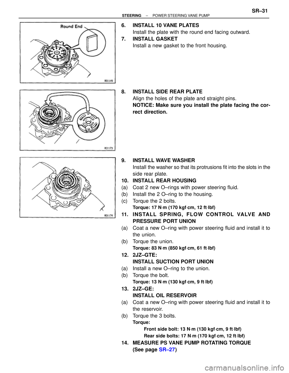 TOYOTA SUPRA 1995  Service Repair Manual 6. INSTALL 10 VANE PLATES
Install the plate with the round end facing outward.
7. INSTALL GASKET
Install a new gasket to the front housing.
8.  INSTALL SIDE REAR PLATE
Align the holes of the plate and