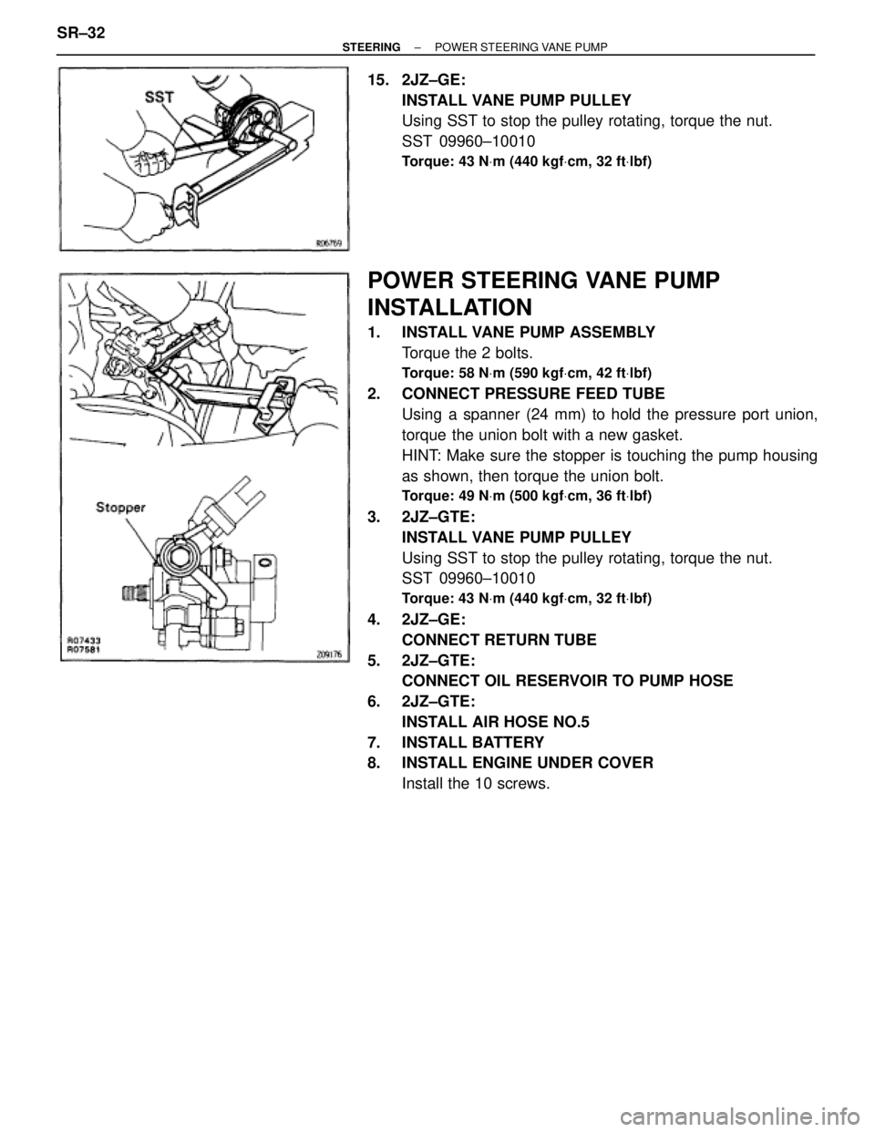 TOYOTA SUPRA 1995  Service Repair Manual 15. 2JZ±GE:
INSTALL VANE PUMP PULLEY
Using SST to stop the pulley rotating, torque the nut.
SST 09960±10010
Torque: 43 NVm (440 kgfVcm, 32 ftVlbf)
POWER STEERING VANE PUMP
INSTALLATION
1.  INSTALL V