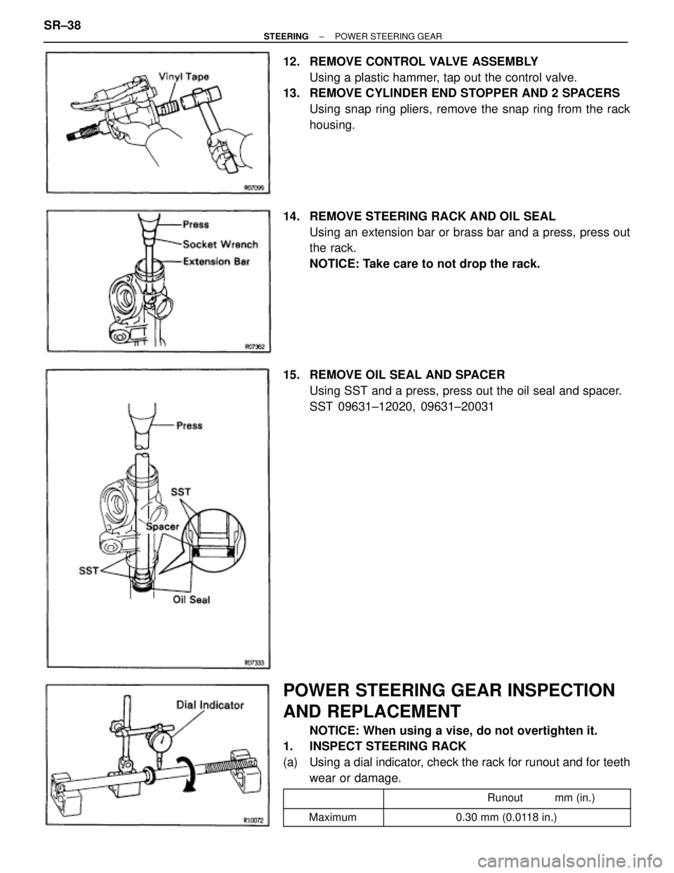 TOYOTA SUPRA 1995  Service Repair Manual 12.  REMOVE CONTROL VALVE ASSEMBLY
Using a plastic hammer, tap out the control valve.
13.  REMOVE CYLINDER END STOPPER AND 2 SPACERS
Using snap ring pliers, remove the snap ring from the rack
housing.
