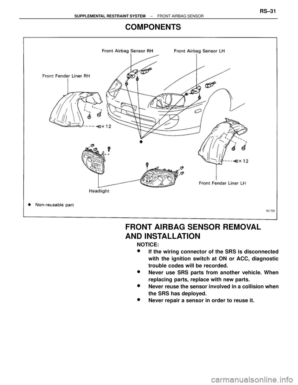 TOYOTA SUPRA 1995  Service Repair Manual COMPONENTS
FRONT AIRBAG SENSOR REMOVAL
AND INSTALLATION
NOTICE:
wIf the wiring connector of the SRS is disconnected
with the ignition switch at ON or ACC, diagnostic
trouble codes will be recorded.
wN