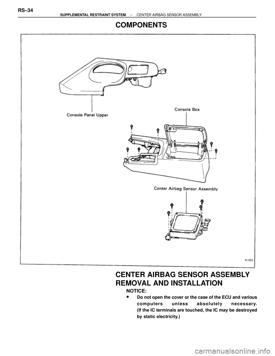 TOYOTA SUPRA 1995  Service Repair Manual COMPONENTS
CENTER AIRBAG SENSOR ASSEMBLY
REMOVAL AND INSTALLATION
NOTICE:
wDo not open the cover or the case of the ECU and various
computers unless absolutely necessary.
(If the IC terminals are touc