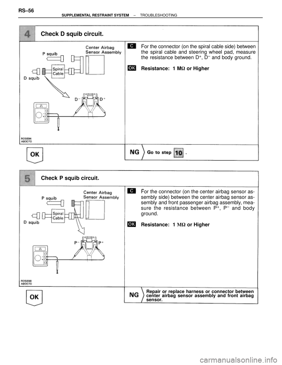 TOYOTA SUPRA 1995  Service Repair Manual For the connector (on the spiral cable side) between
the spiral cable and steering wheel pad, measure
the resistance between D
+, D± and body ground.
Resistance:  1 M or Higher
Check D squib circuit