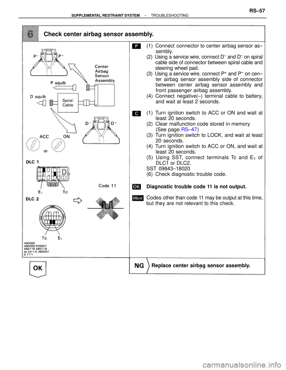 TOYOTA SUPRA 1995  Service Repair Manual Check center airbag sensor assembly.
(1) Connect  connector to center airbag sensor as±
sembly.
(2) Using a service wire, connect D
± and D± on spiral
cable side of connector between spiral cable a