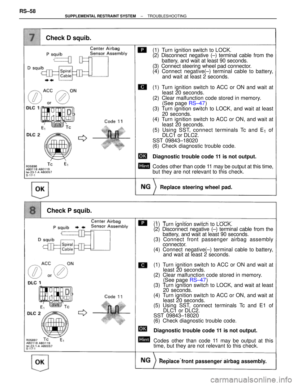 TOYOTA SUPRA 1995  Service Repair Manual Check D squib.
(1) Turn ignition switch to LOCK.
(2) Disconnect negative (±) terminal cable from the
battery, and wait at least 90 seconds.
(3) Connect steering wheel pad connector.
(4) Connect  nega