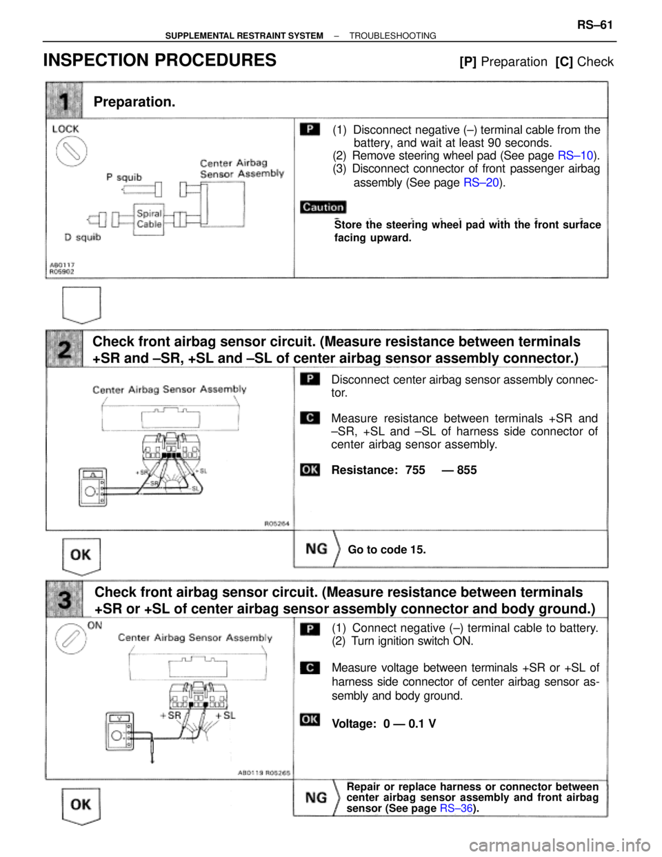 TOYOTA SUPRA 1995  Service Repair Manual Preparation.
Disconnect  center airbag sensor assembly connec-
tor.
Measure resistance between terminals +SR and
±SR, +SL and ±SL of harness side connector of
center airbag sensor assembly.
Resistan