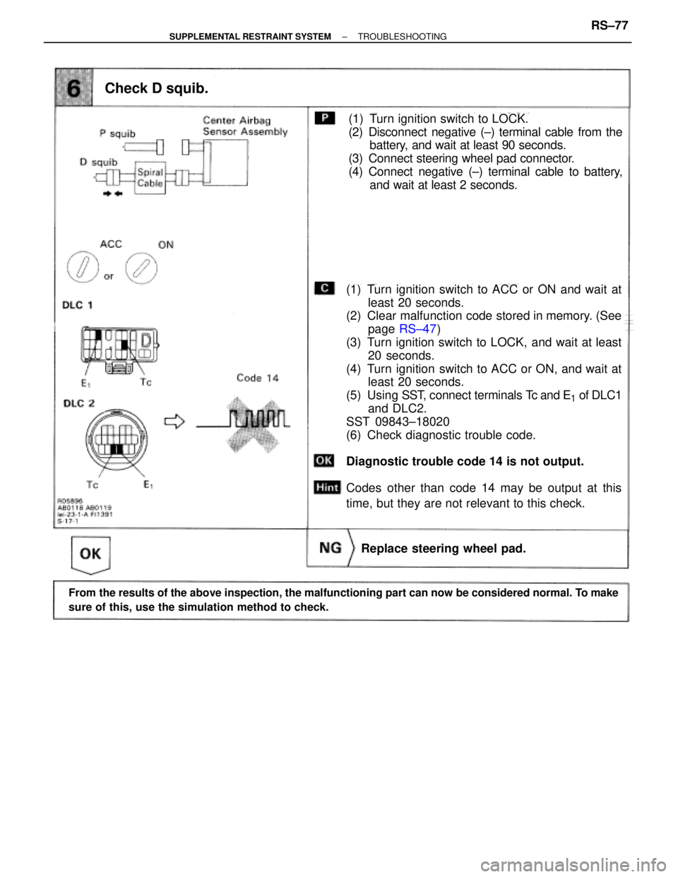 TOYOTA SUPRA 1995  Service Repair Manual From the results of the above inspection, the malfunctioning part can now be considered normal. To make
sure of this, use the simulation method to check.
Check D squib.
(1) Turn ignition switch to ACC