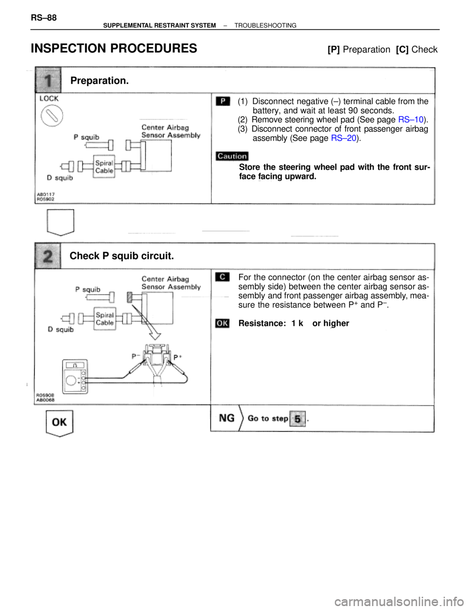 TOYOTA SUPRA 1995  Service Repair Manual Preparation.
Check P squib circuit.
(1) Disconnect  negative (±) terminal cable from the
battery, and wait at least 90 seconds.
(2) Remove steering wheel pad (See page RS±10).
(3) Disconnect connect