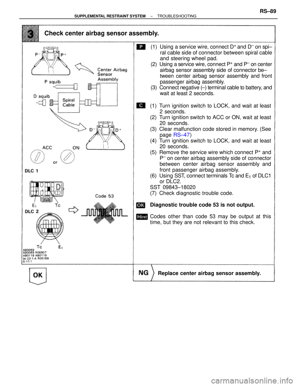 TOYOTA SUPRA 1995  Service Repair Manual Check center airbag sensor assembly.
(1) Turn ignition switch to LOCK, and wait at least
2 seconds.
(2) Turn ignition switch to ACC or ON, wait at least
20 seconds.
(3) Clear malfunction code stored i