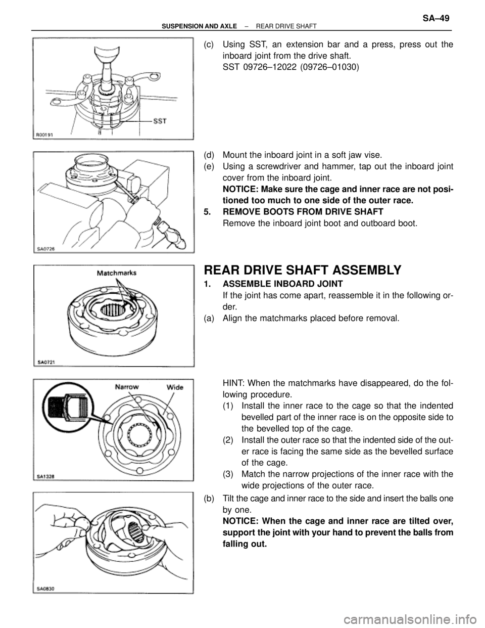 TOYOTA SUPRA 1995  Service Repair Manual (c)  Using SST, an extension bar and a press, press out the
inboard joint from the drive shaft.
SST 09726±12022 (09726±01030)
(d)  Mount the inboard joint in a soft jaw vise.
(e)  Using a screwdrive