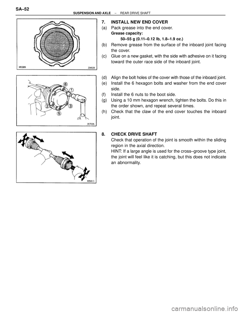 TOYOTA SUPRA 1995  Service Repair Manual 7.  INSTALL NEW END COVER
(a)  Pack grease into the end cover.
Grease capacity:
50±55 g (0.11±0.12 lb, 1.8±1.9 oz.)
(b)  Remove grease from the surface of the inboard joint facing
the cover.
(c)  G