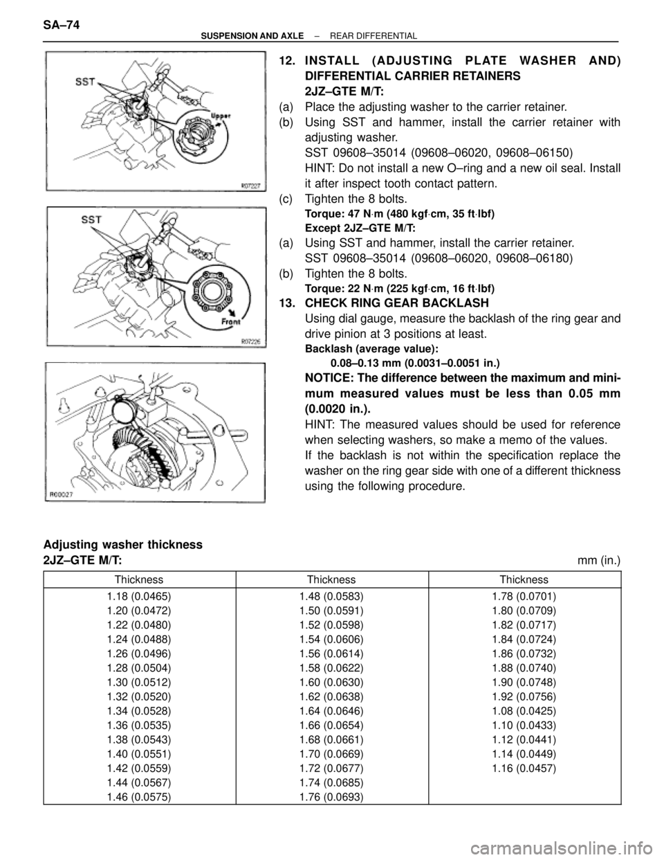 TOYOTA SUPRA 1995  Service Repair Manual 12. INSTALL  (ADJUSTING  PLATE  WASHER  AND)
DIFFERENTIAL CARRIER RETAINERS
2JZ±GTE M/T:
(a)  Place the adjusting washer to the carrier retainer.
(b)  Using SST and hammer, install the carrier retain