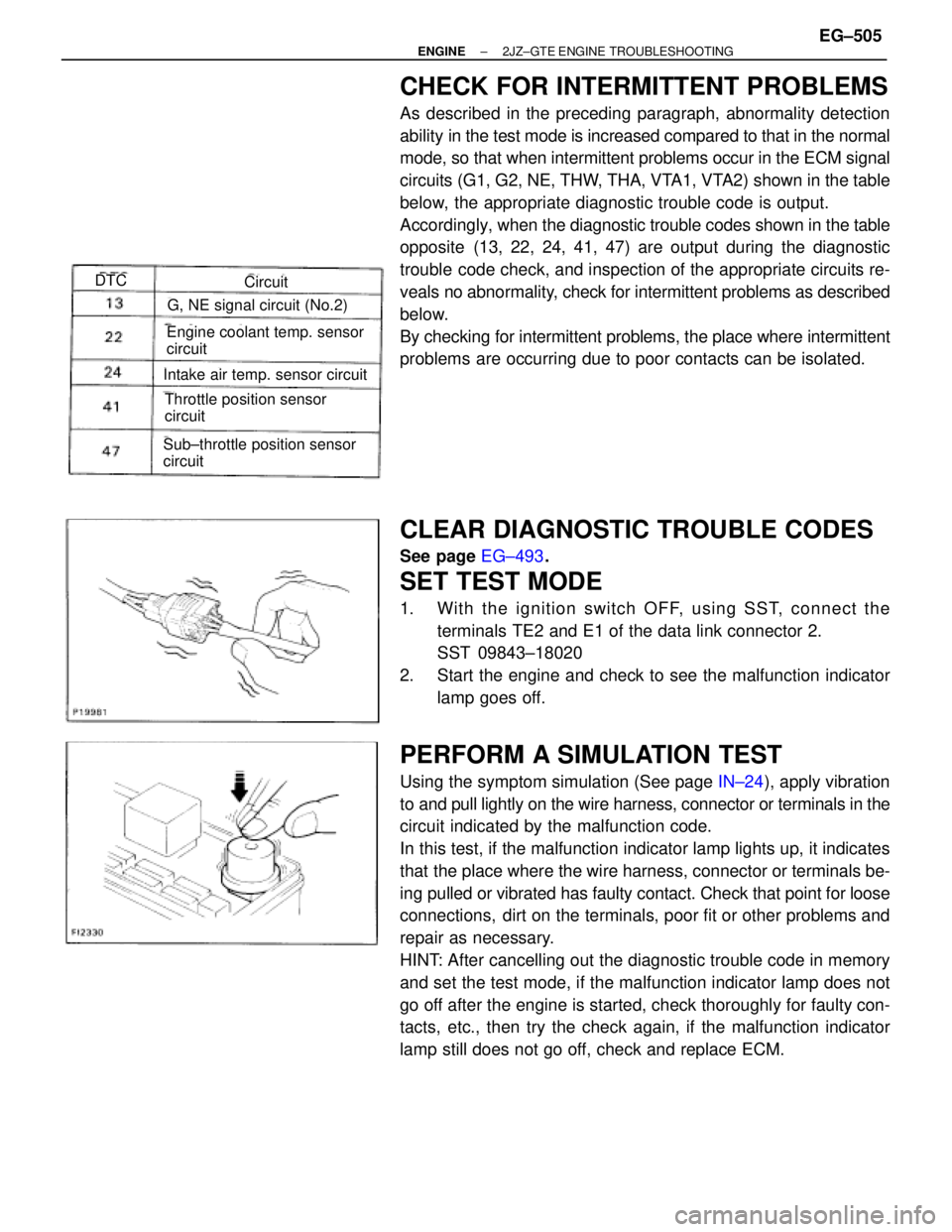TOYOTA SUPRA 1995  Service Repair Manual G, NE signal circuit (No.2)
Engine coolant temp. sensor
circuit
Intake air temp. sensor circuit
Throttle position sensor
circuit
Sub±throttle position sensor
circuit
CircuitDTC
CHECK FOR INTERMITTENT