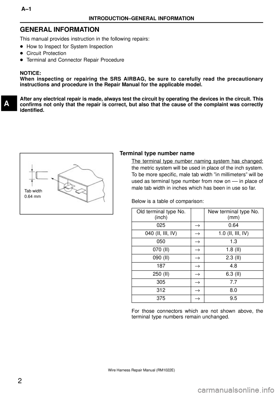 TOYOTA SUPRA 1995  Service Repair Manual Tab width
0.64 mm
INTRODUCTION±GENERAL INFORMATION
A±1
2
Wire Harness Repair Manual (RM1022E)
GENERAL INFORMATION
This manual provides instruction in the following repairs:
How to Inspect for Syste
