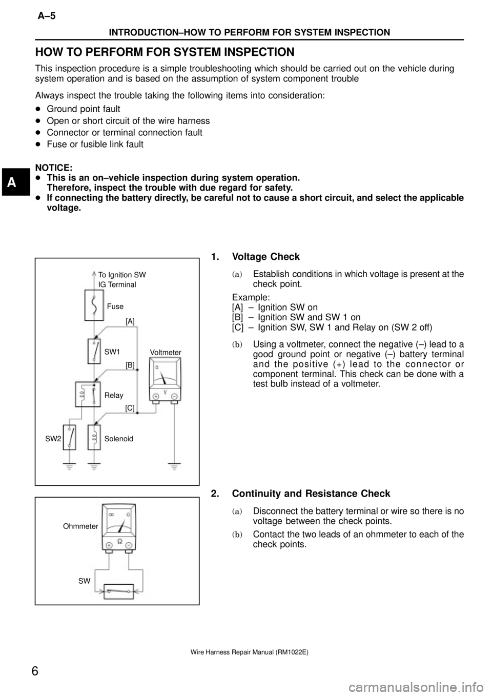 TOYOTA SUPRA 1995  Service Repair Manual To Ignition SW
IG Terminal
Fuse
Relay
SW2 SolenoidVoltmeter [A]
[B]
[C] SW1
Ohmmeter
SW
INTRODUCTION±HOW TO PERFORM FOR SYSTEM INSPECTION
A±5
6
Wire Harness Repair Manual (RM1022E)
HOW TO PERFORM FO