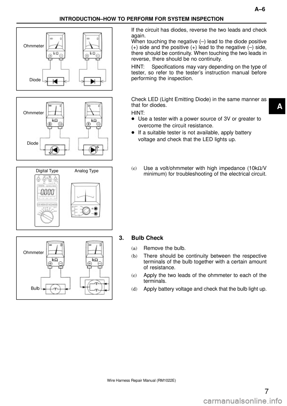 TOYOTA SUPRA 1995  Service Repair Manual Diode Ohmmeter
Diode Ohmmeter
Digital Type Analog Type
Bulb Ohmmeter
A±6
INTRODUCTION±HOW TO PERFORM FOR SYSTEM INSPECTION
7
Wire Harness Repair Manual (RM1022E)
If the circuit has diodes, reverse t