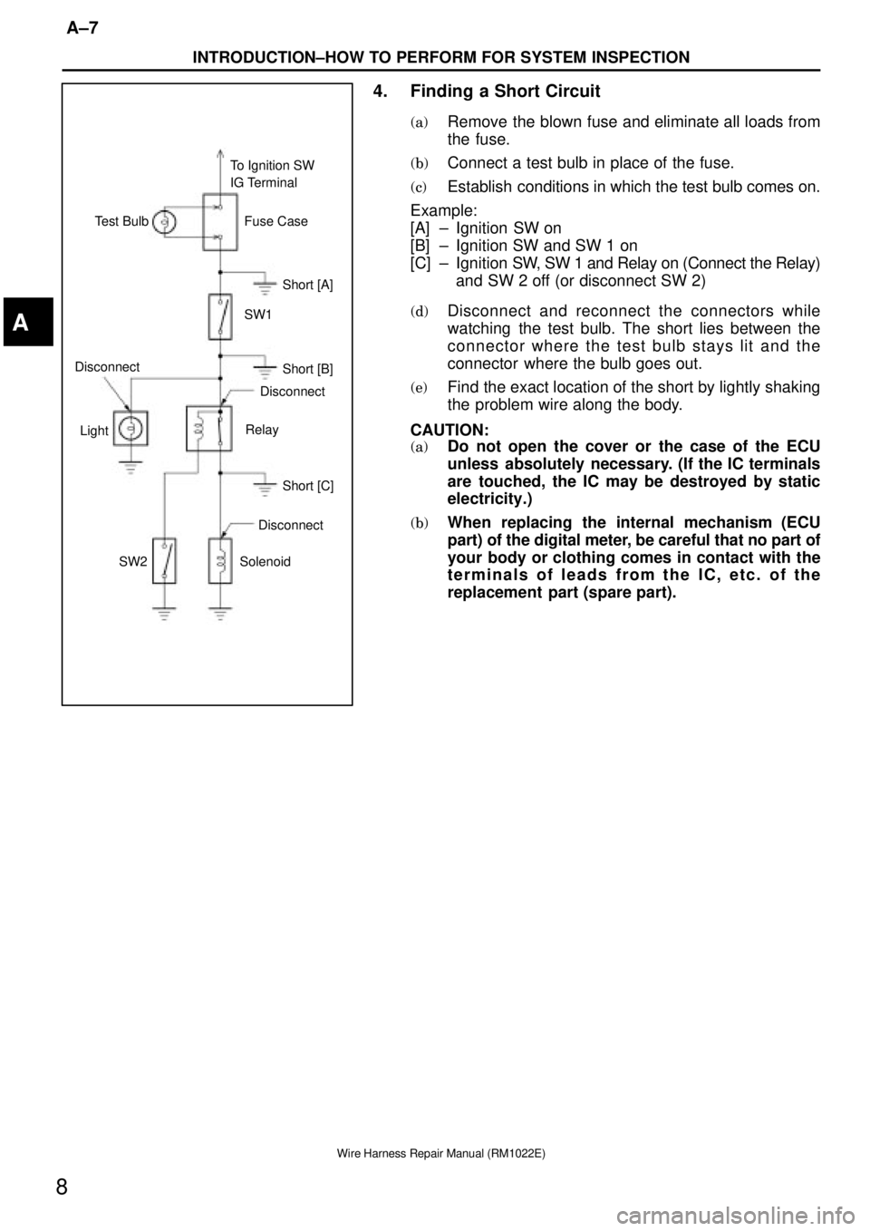 TOYOTA SUPRA 1995  Service Repair Manual Fuse Case Test Bulb
Short [A]
SW1
Short [B]
Relay
Light
Short [C]
SW2 SolenoidDisconnect
Disconnect DisconnectTo Ignition SW
IG Terminal
INTRODUCTION±HOW TO PERFORM FOR SYSTEM INSPECTION
A±7
8
Wire 