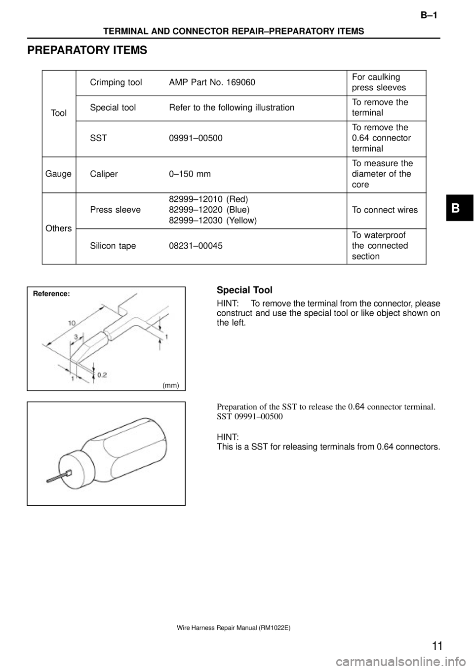 TOYOTA SUPRA 1995  Service Repair Manual Reference:
(mm)
B±1
TERMINAL AND CONNECTOR REPAIR±PREPARATORY ITEMS
11
Wire Harness Repair Manual (RM1022E)
PREPARATORY ITEMS
Crimping tool AMP Part No. 169060For caulking
press sleeves
ToolSpecial 