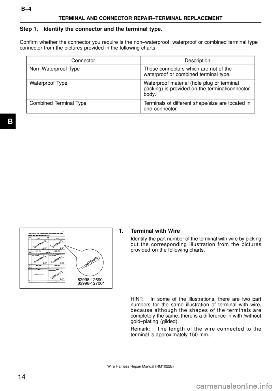 TOYOTA SUPRA 1995  Service Repair Manual TERMINAL AND CONNECTOR REPAIR±TERMINAL REPLACEMENT
B±4
14
Wire Harness Repair Manual (RM1022E)
Step 1. Identify the connector and the terminal type.
Confirm whether the connector you require is the 