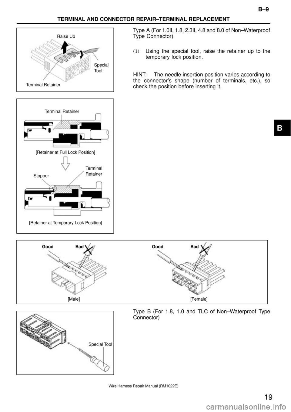 TOYOTA SUPRA 1995  Service Repair Manual Raise Up
Terminal RetainerSpecial
Tool
Terminal Retainer
[Retainer at Full Lock Position]
Stopper
[Retainer at Temporary Lock Position]Terminal
Retainer
Good Bad Good Bad
[Male] [Female]
Special Tool
