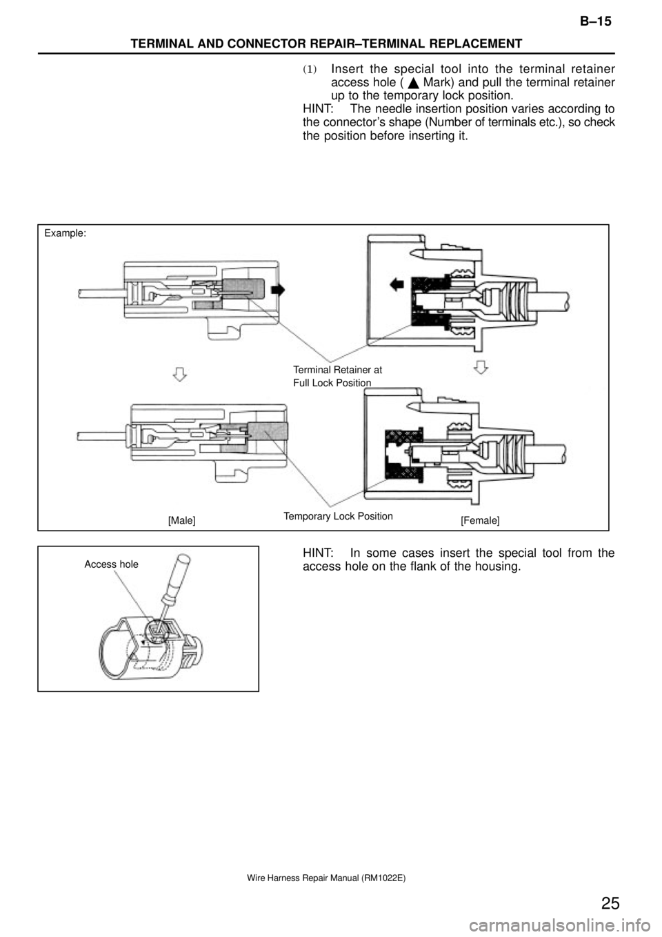 TOYOTA SUPRA 1995  Service Repair Manual Example:
[Male] [Female]Temporary Lock PositionTerminal Retainer at
Full Lock Position
Access hole
B±15
TERMINAL AND CONNECTOR REPAIR±TERMINAL REPLACEMENT
25
Wire Harness Repair Manual (RM1022E)
(1)