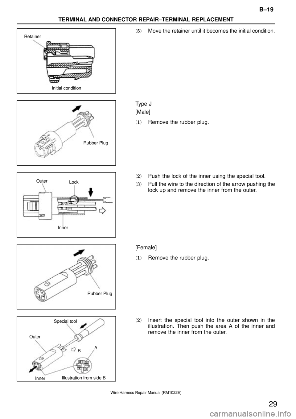 TOYOTA SUPRA 1995  Service Repair Manual Initial condition Retainer
Rubber Plug
Outer
Lock
Inner
Rubber Plug
A
Illustration from side BB OuterSpecial tool
Inner
B±19
TERMINAL AND CONNECTOR REPAIR±TERMINAL REPLACEMENT
29
Wire Harness Repair