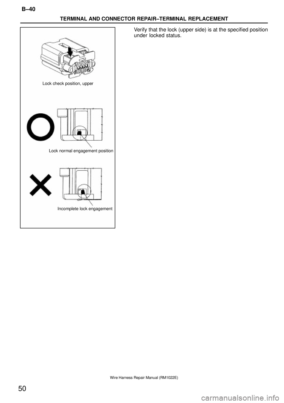 TOYOTA SUPRA 1995 Service Repair Manual Lock check position, upper
Lock normal engagement position
Incomplete lock engagement
TERMINAL AND CONNECTOR REPAIR±TERMINAL REPLACEMENT
B±40
50
Wire Harness Repair Manual (RM1022E)
Verify that the TOYOTA SUPRA 1995 Service Repair Manual Lock check position, upper
Lock normal engagement position
Incomplete lock engagement
TERMINAL AND CONNECTOR REPAIR±TERMINAL REPLACEMENT
B±40
50
Wire Harness Repair Manual (RM1022E)
Verify that the