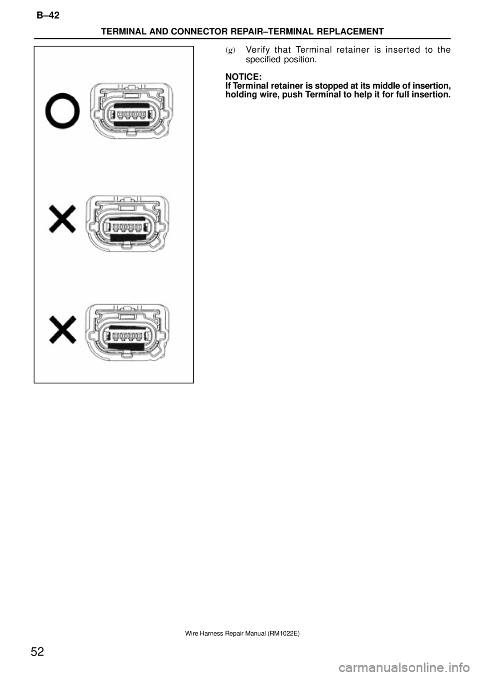 TOYOTA SUPRA 1995  Service Repair Manual TERMINAL AND CONNECTOR REPAIR±TERMINAL REPLACEMENT
B±42
52
Wire Harness Repair Manual (RM1022E)
(g)Verify that Terminal retainer is inserted to the
specified position.
NOTICE:
If Terminal  retainer 