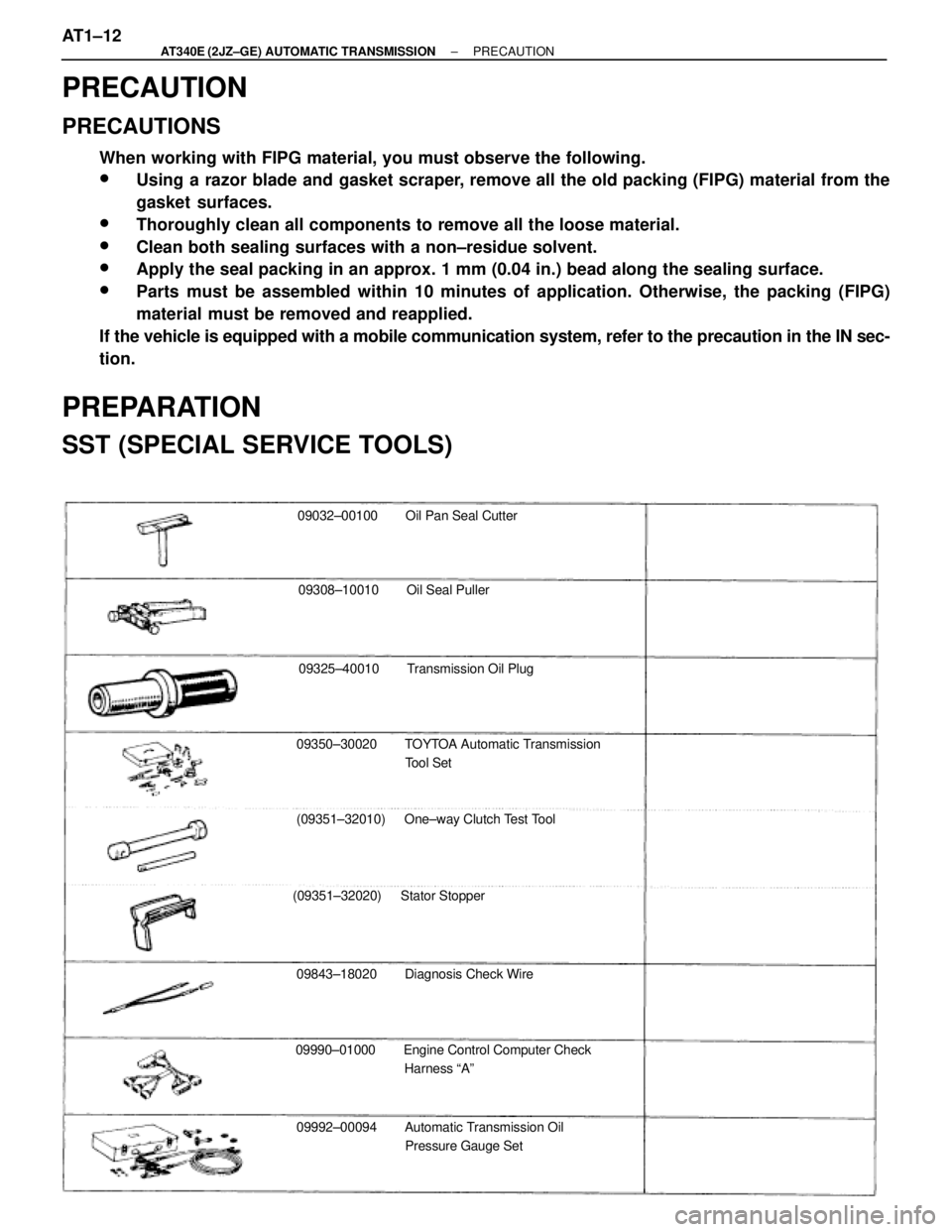 TOYOTA SUPRA 1995  Service Repair Manual 09032±00100 Oil Pan Seal Cutter
09308±10010 Oil Seal Puller
09325±40010 Transmission Oil Plug
09350±30020 TOYTOA Automatic Transmission
Tool Set
(09351±32010) One±way Clutch Test Tool
(09351±32