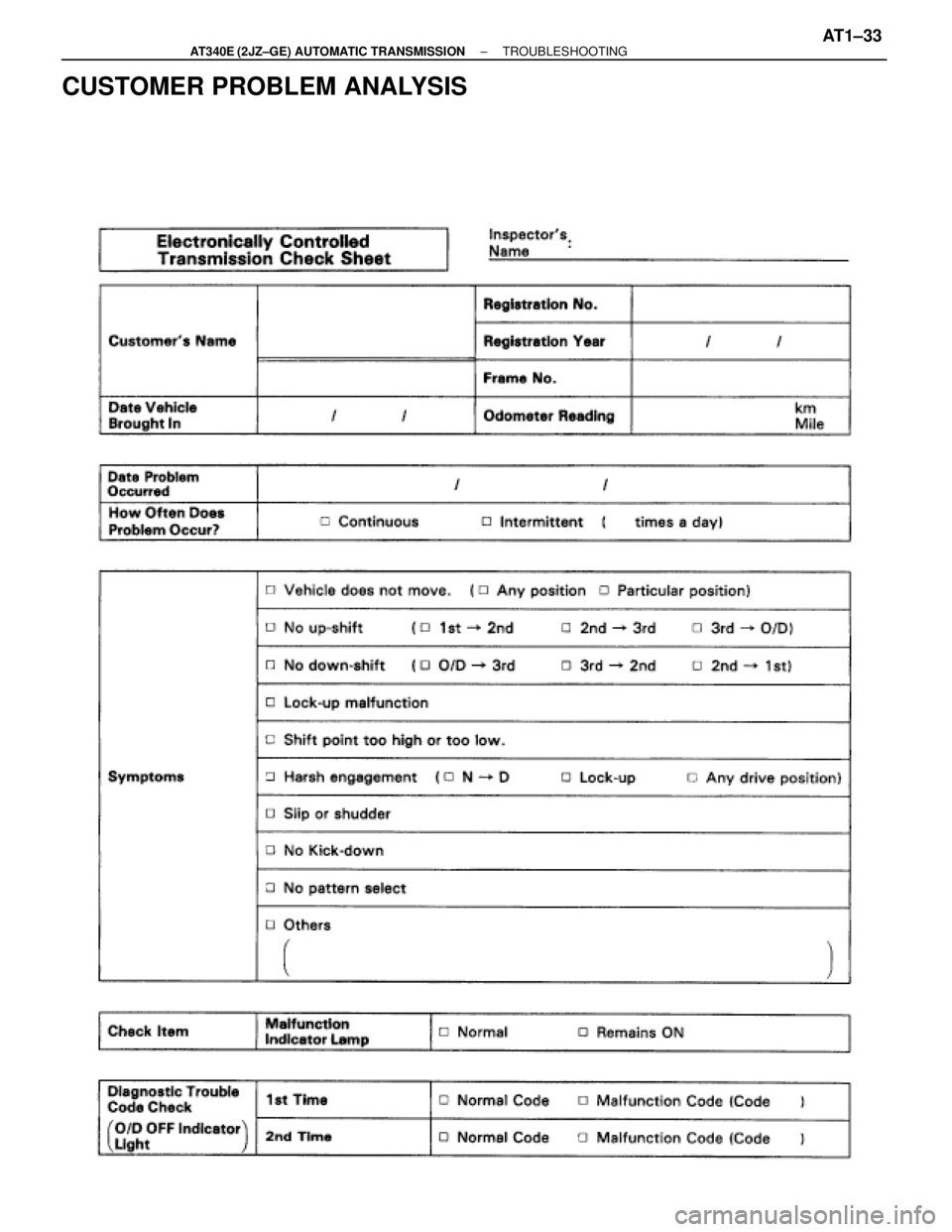 TOYOTA SUPRA 1995  Service Repair Manual CUSTOMER PROBLEM ANALYSIS
± AT340E (2JZ±GE) AUTOMATIC TRANSMISSIONTROUBLESHOOTINGAT1±33 