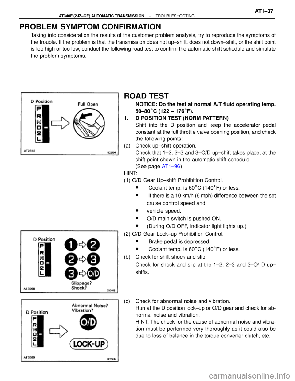 TOYOTA SUPRA 1995 Service Repair Manual PROBLEM SYMPTOM CONFIRMATION
Taking into consideration the results of the customer problem analysis, try to reproduce the symptoms of
the trouble. If the problem is that the transmission does not up± TOYOTA SUPRA 1995 Service Repair Manual PROBLEM SYMPTOM CONFIRMATION
Taking into consideration the results of the customer problem analysis, try to reproduce the symptoms of
the trouble. If the problem is that the transmission does not up±