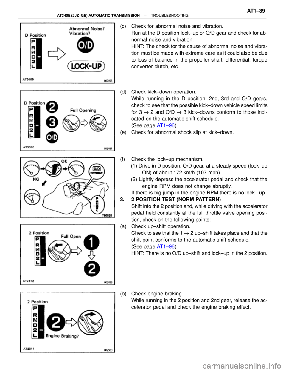 TOYOTA SUPRA 1995 Service Repair Manual (c) Check for abnormal noise and vibration.
Run at the D position lock±up or O/D gear and check for ab-
normal noise and vibration.
HINT: The check for the cause of abnormal noise and vibra-
tion mu TOYOTA SUPRA 1995 Service Repair Manual (c) Check for abnormal noise and vibration.
Run at the D position lock±up or O/D gear and check for ab-
normal noise and vibration.
HINT: The check for the cause of abnormal noise and vibra-
tion mu