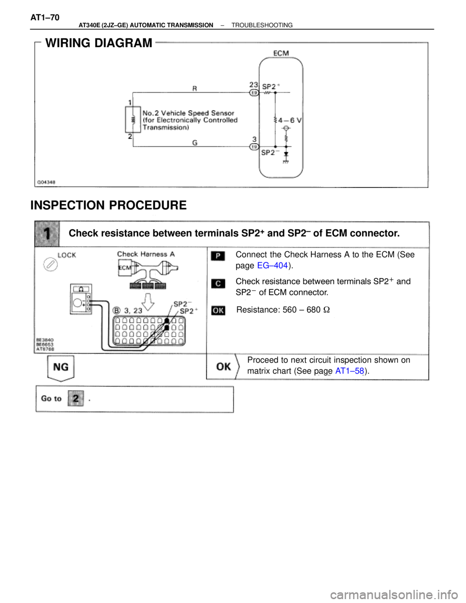 TOYOTA SUPRA 1995  Service Repair Manual WIRING DIAGRAM
INSPECTION PROCEDURE
Connect  the Check Harness A to the ECM (See
page EG±404).
Check resistance between terminals SP2+ and
SP2
- of ECM connector.
Resistance: 560 ± 680 
Proceed to 