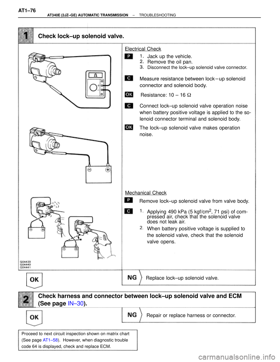 TOYOTA SUPRA 1995  Service Repair Manual Jack up the vehicle.
Remove the oil pan.
Disconnect the lock±up solenoid valve connector.
Measure resistance between lock-up solenoid
connector and solenoid body.
Resistance: 10 ± 16 
Connect lock