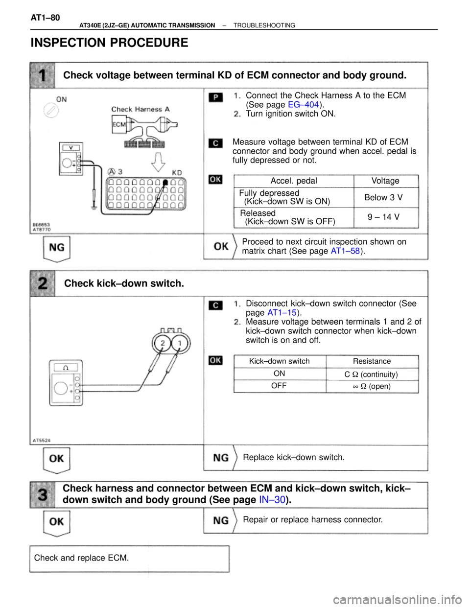 TOYOTA SUPRA 1995  Service Repair Manual Connect  the Check Harness A to the ECM
(See page EG±404).
Turn ignition switch ON.
Check voltage between terminal KD of ECM connector and body ground.
Measure voltage between terminal KD of ECM
conn