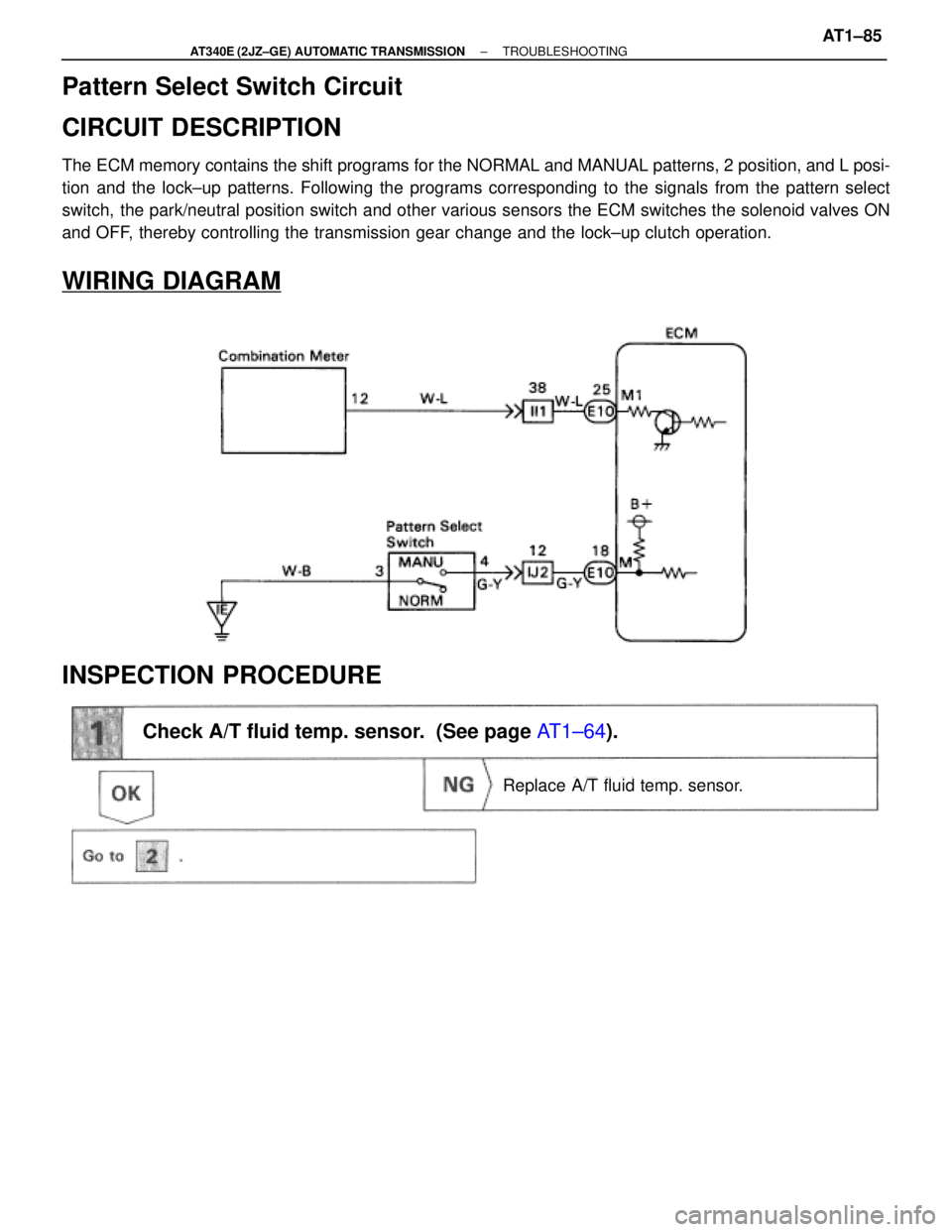 TOYOTA SUPRA 1995  Service Repair Manual Pattern Select Switch Circuit
CIRCUIT DESCRIPTION
The ECM memory contains the shift programs for the NORMAL and MANUAL patterns, 2 position, and L posi-
tion and the lock±up patterns. Following the p