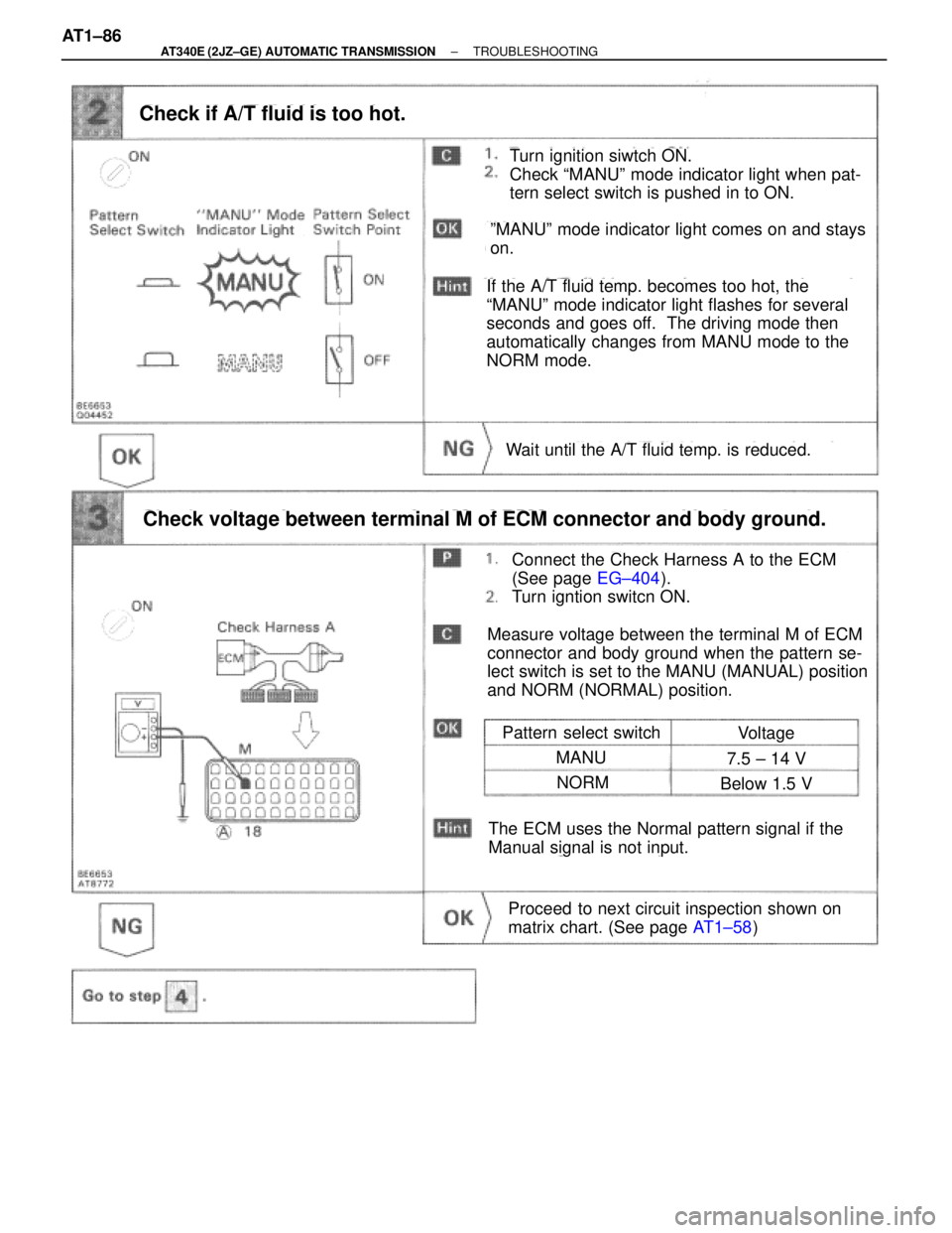 TOYOTA SUPRA 1995  Service Repair Manual Turn ignition siwtch ON.
Check ªMANUº mode indicator light when pat-
tern select switch is pushed in to ON.
Check if A/T fluid is too hot.
Pattern select switch
Connect the Check Harness A to the EC