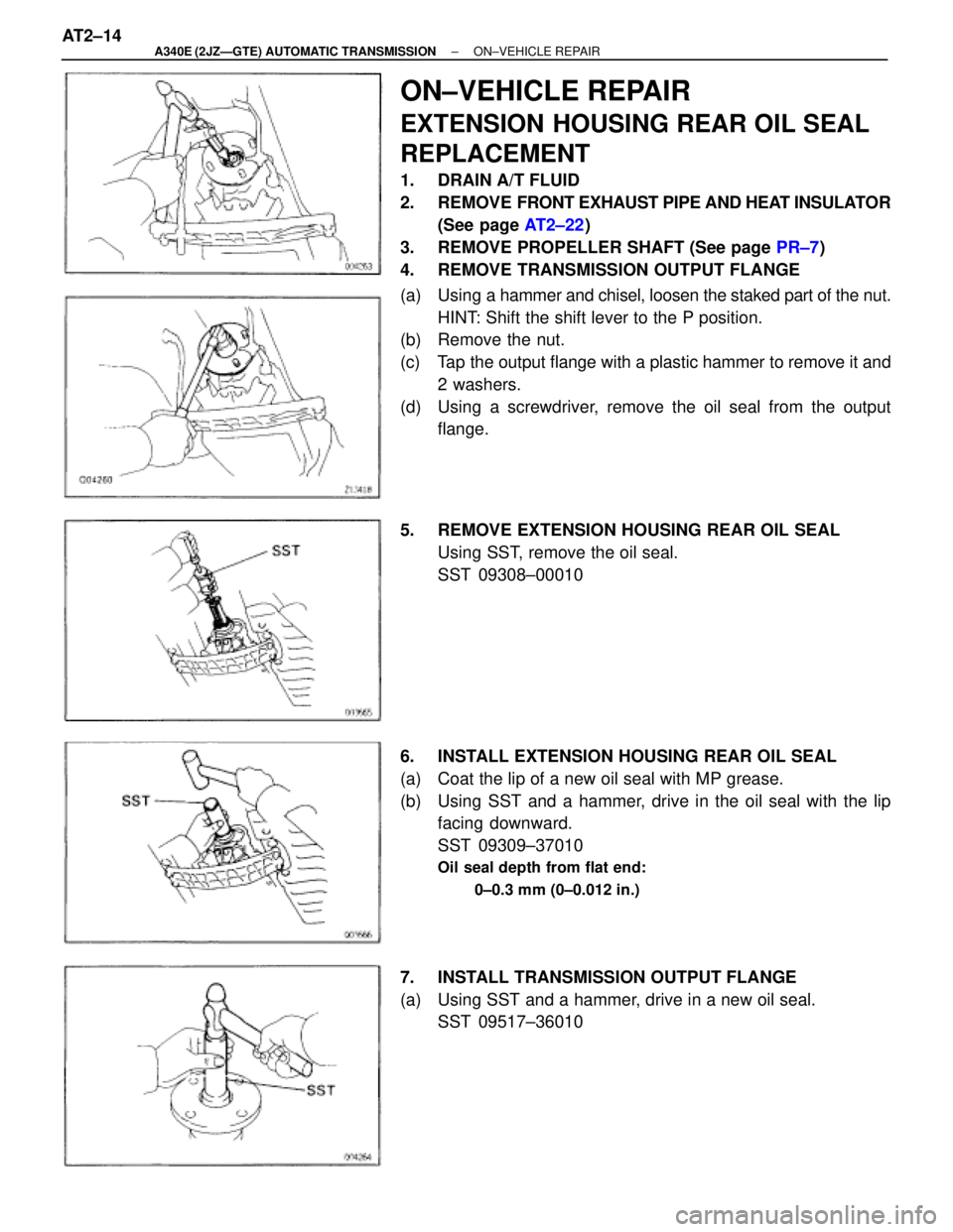 TOYOTA SUPRA 1995  Service Repair Manual ON±VEHICLE REPAIR
EXTENSION HOUSING REAR OIL SEAL
REPLACEMENT
1.  DRAIN A/T FLUID
2. REMOVE FRONT EXHAUST PIPE AND HEAT INSULATOR
(See page AT2±22)
3.  REMOVE PROPELLER SHAFT (See page PR±7)
4.  RE