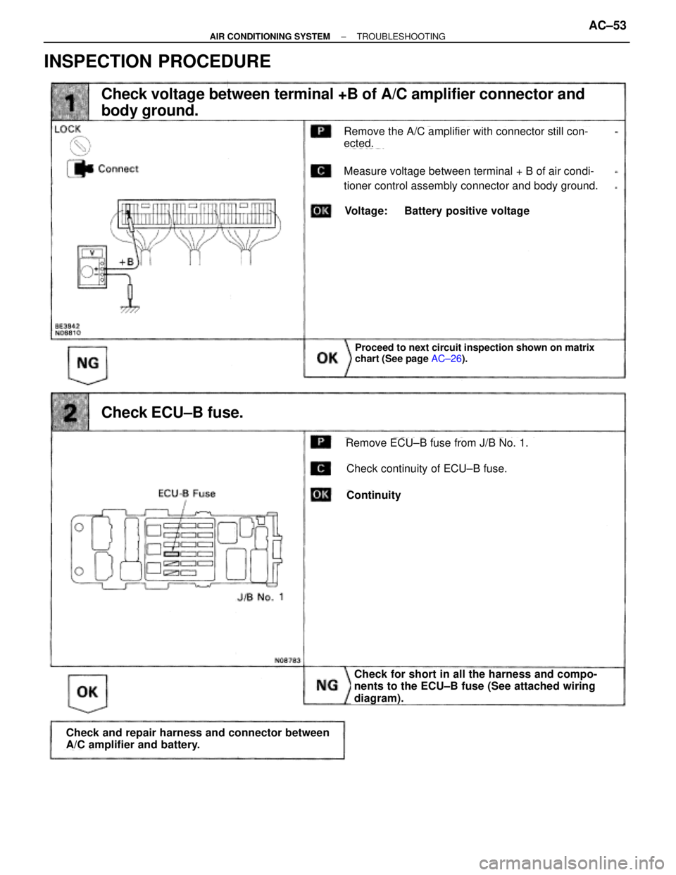 TOYOTA SUPRA 1995  Service Workshop Manual INSPECTION PROCEDURE
Remove the A/C amplifier with connector still con-
ected.
Measure voltage between terminal + B of air condi-
tioner control assembly connector and body ground.
Voltage: Battery po